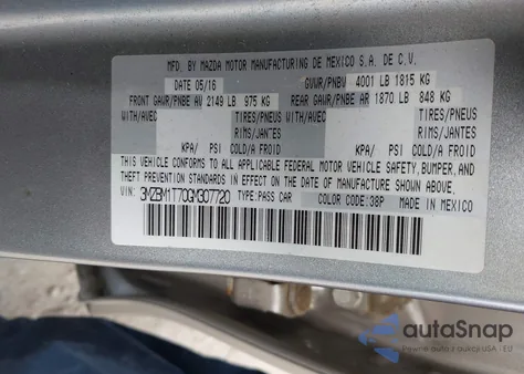 2016 Mazda 3 Sport z USA, uszkodzony, nr VIN 3MZBM1T70GM307720